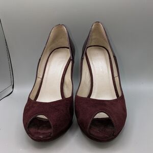 Karen Millen Women's Burgundy Open Toe Stiletto Suede & Leather Heels Sz 38.